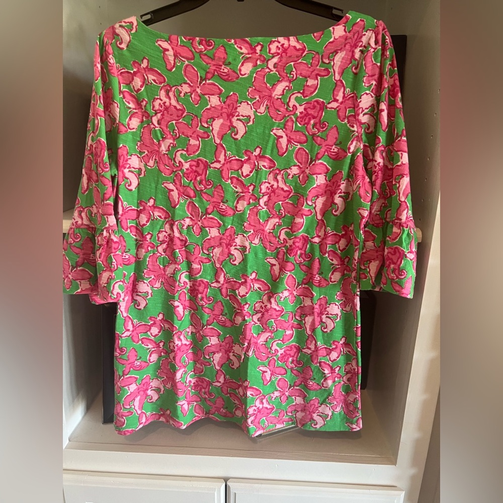 Lilly Pulitzer Top Tee Pink Floral Butterfly Womens  L